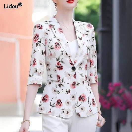 Tropical Printed Blazer Open front Outwear With Pockets