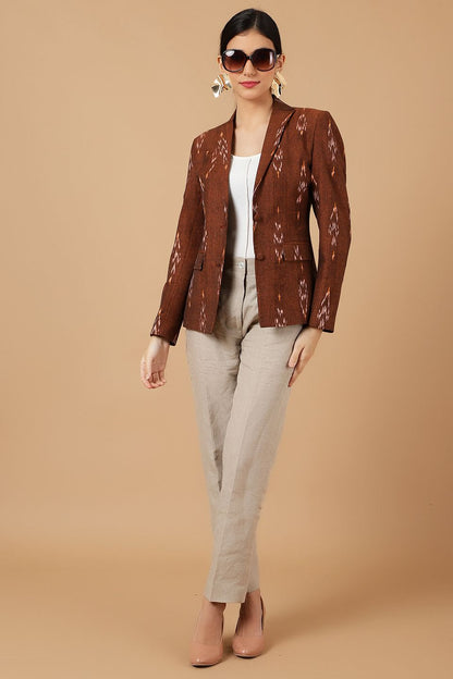 Iroko Brown Blazer Open front Outwear With Pockets For Women