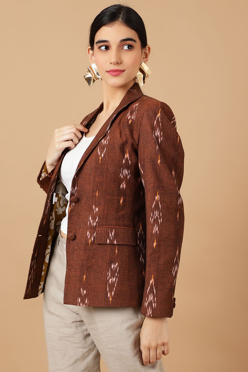 Iroko Brown Blazer Open front Outwear With Pockets For Women